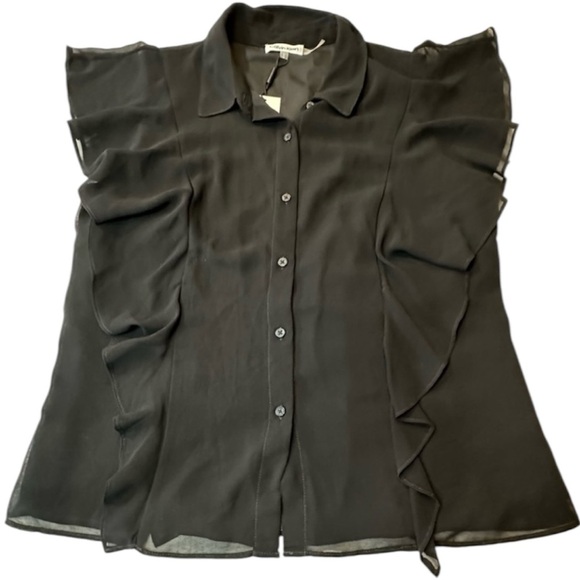 NWT Calvin  Klein Black Ruffled Notched Collar Blouse - Picture 1 of 10